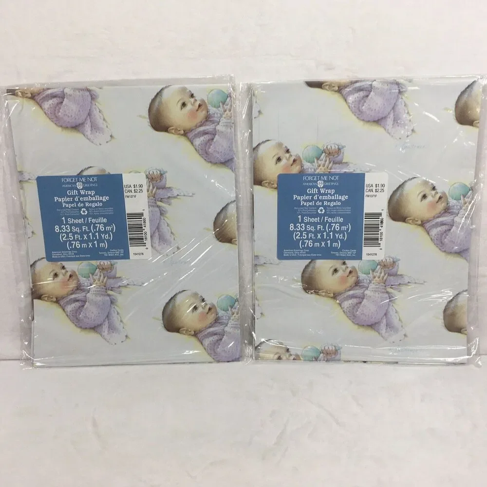 Vintage Baby Gift Wrap American Greetings 2 Giant Sheets Sealed Shower Rattle
